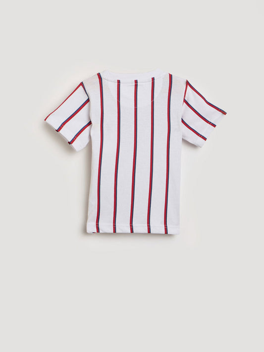 Blue Giraffe Boys White Striped Crew Neck Tshirt