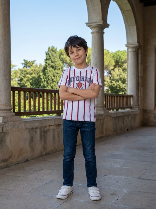 Blue Giraffe Boys White Striped Crew Neck Tshirt