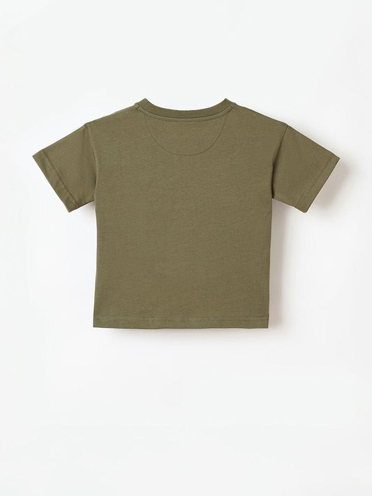 Blue Giraffe Boys Beige Solid Crew Neck Tshirt