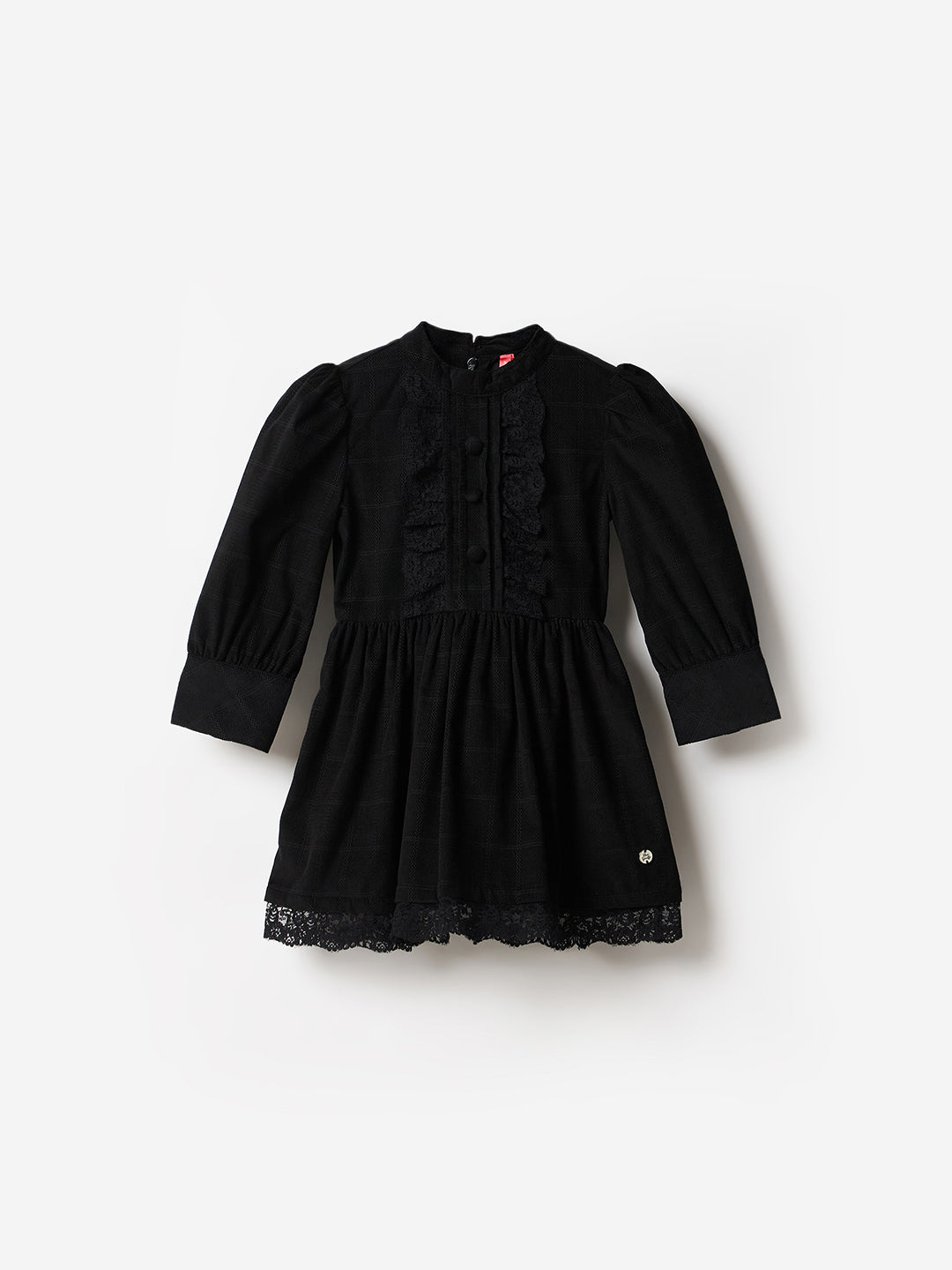 Blue Giraffe Girls Black Checks Round Neck Dress