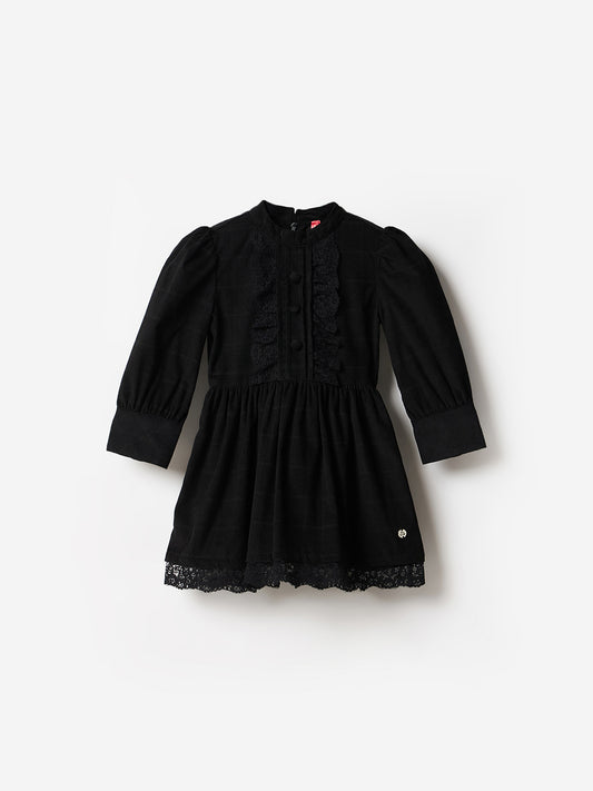 Blue Giraffe Girls Black Checks Round Neck Dress