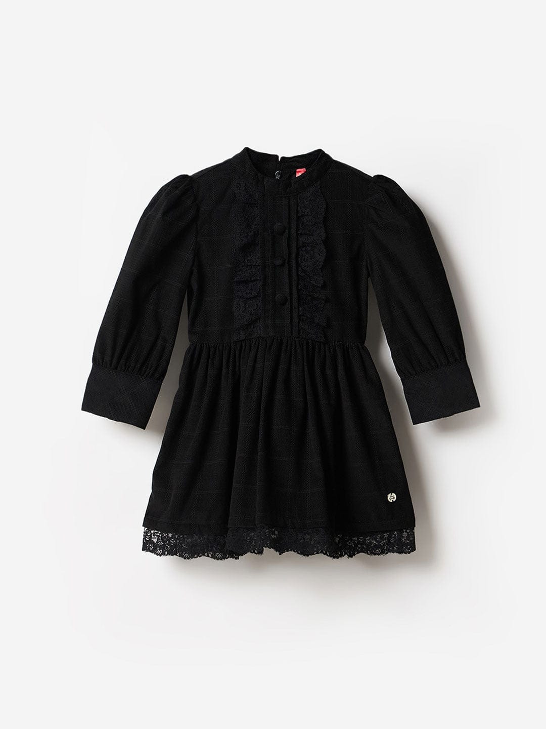 Blue Giraffe Girls Black Checks Round Neck Dress