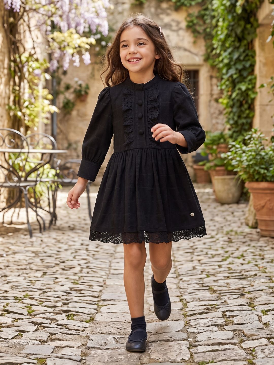 Blue Giraffe Girls Black Checks Round Neck Dress