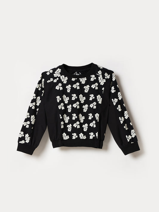 Blue Giraffe Girls Black Printed Crew Neck Top