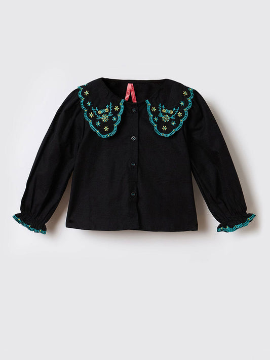 Blue Giraffe Girls Black Checks Round Neck Top