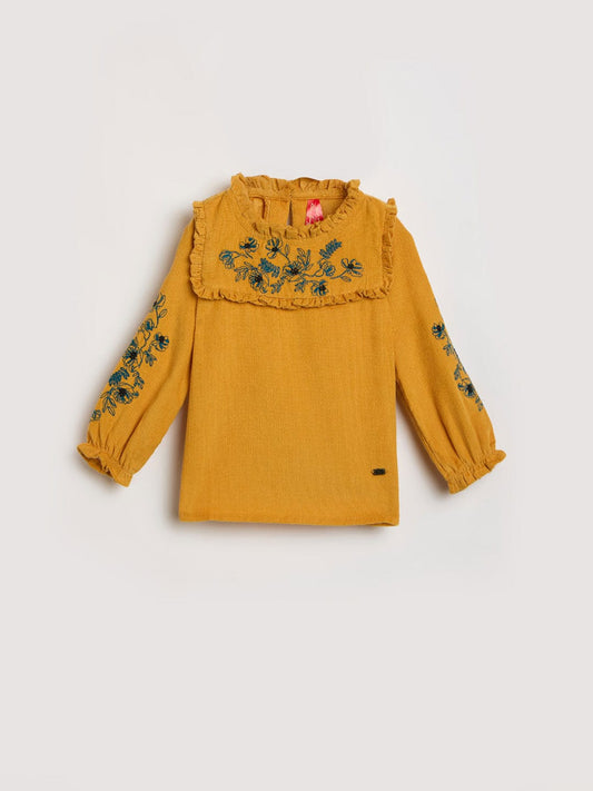 Blue Giraffe Girls Yellow Solid Round Neck Top