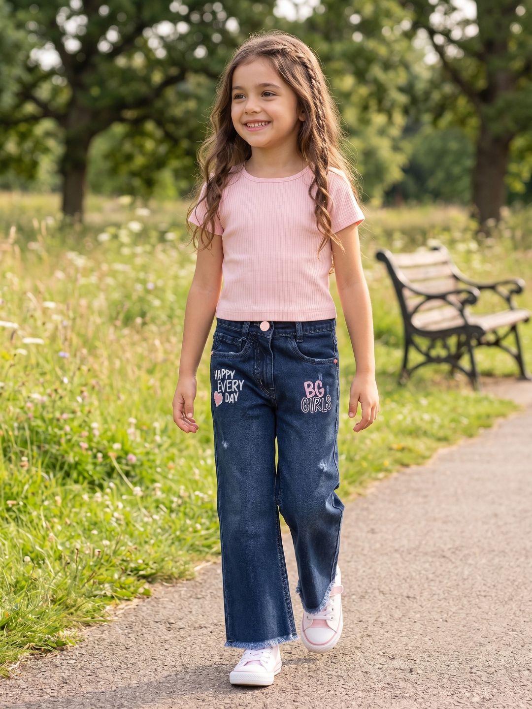 Blue Giraffe Girls Blue Boxy Fit Graphic Jeans