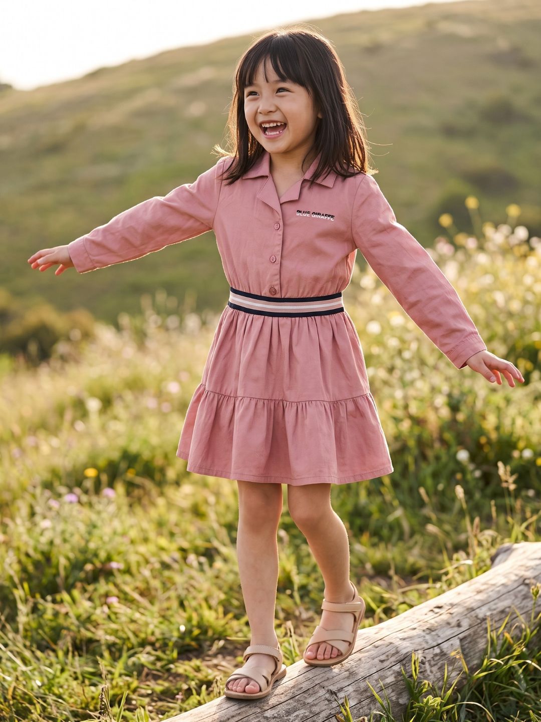 Blue Giraffe Girls Pink Solid Collar Dress