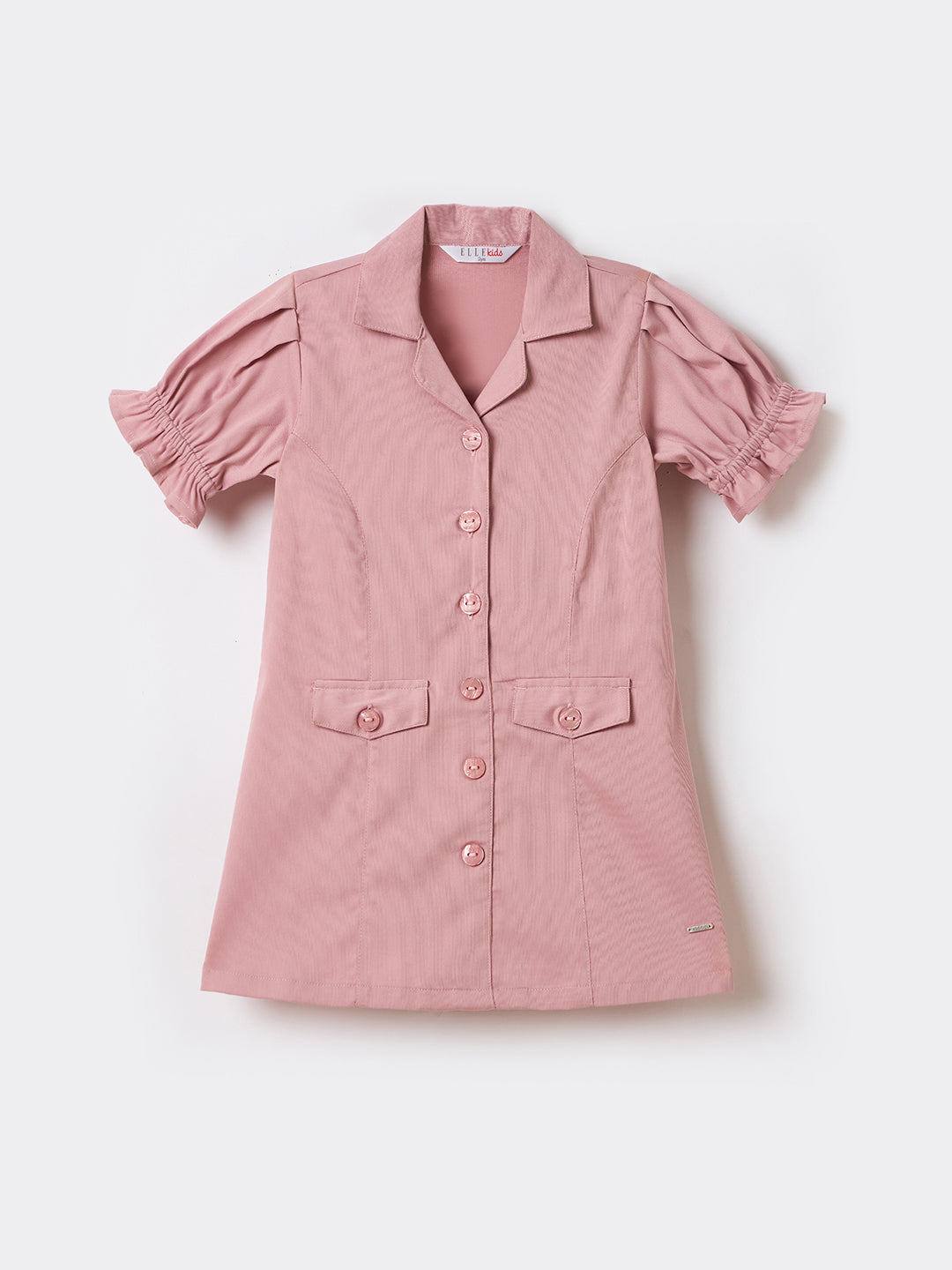 Elle Kids Pink Solid Lapel Collar Dress
