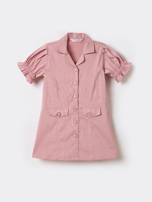 Elle Kids Pink Solid Lapel Collar Dress