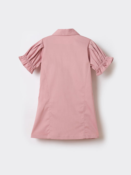 Elle Kids Pink Solid Lapel Collar Dress