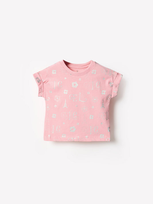 Elle Kids Pink Printed Crew Neck Tshirt