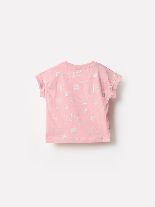 Elle Kids Pink Printed Crew Neck Tshirt
