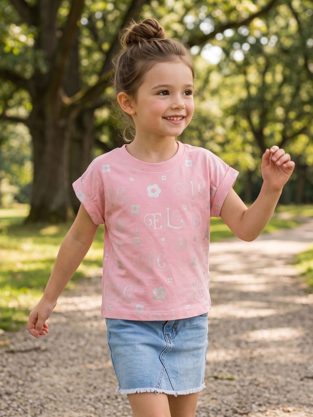 Elle Kids Pink Printed Crew Neck Tshirt