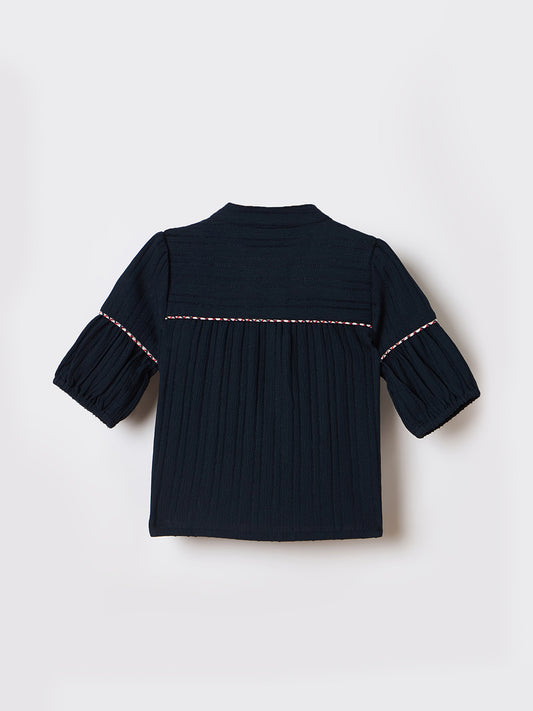 Elle Kids Blue Embroidered Band Collar Top