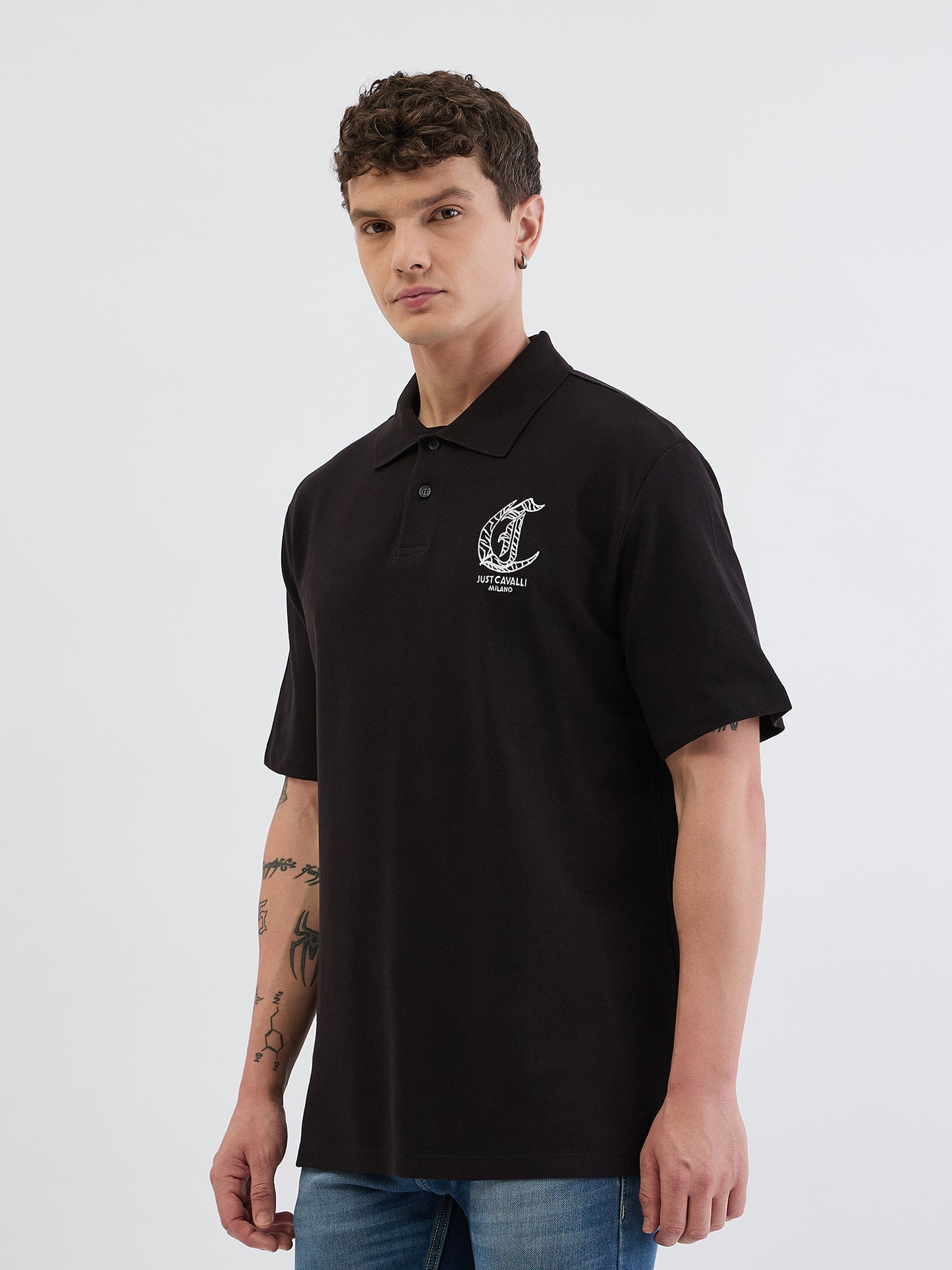 Just Cavalli Men Black Solid Polo Tshirt