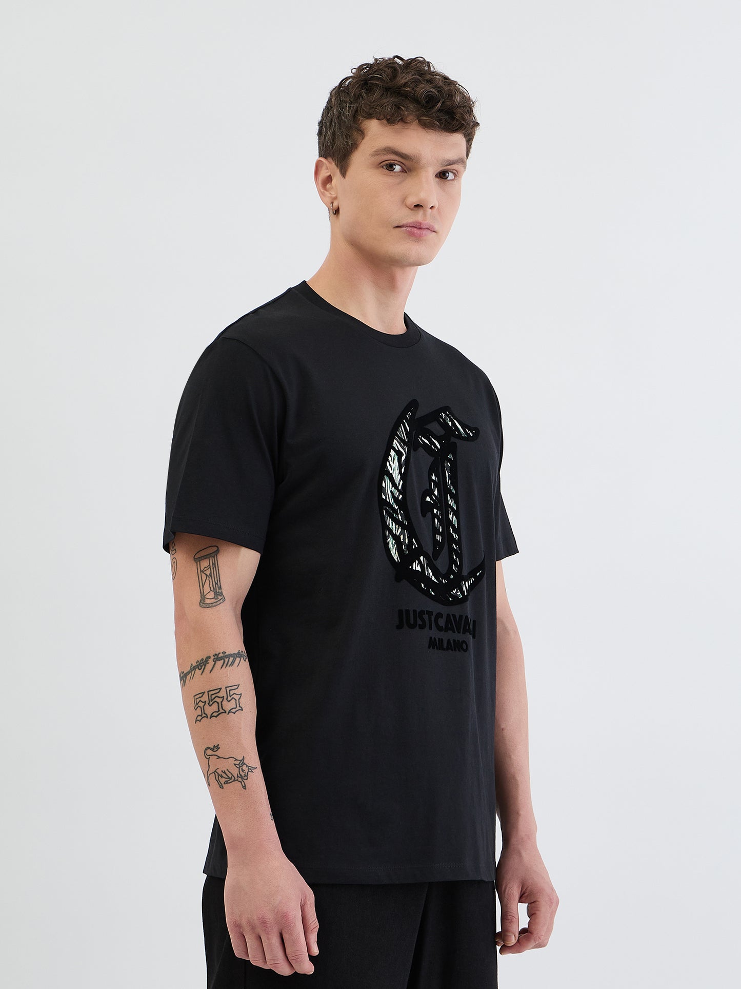 Just Cavalli Men Black Placement Print Round Neck Tshirt