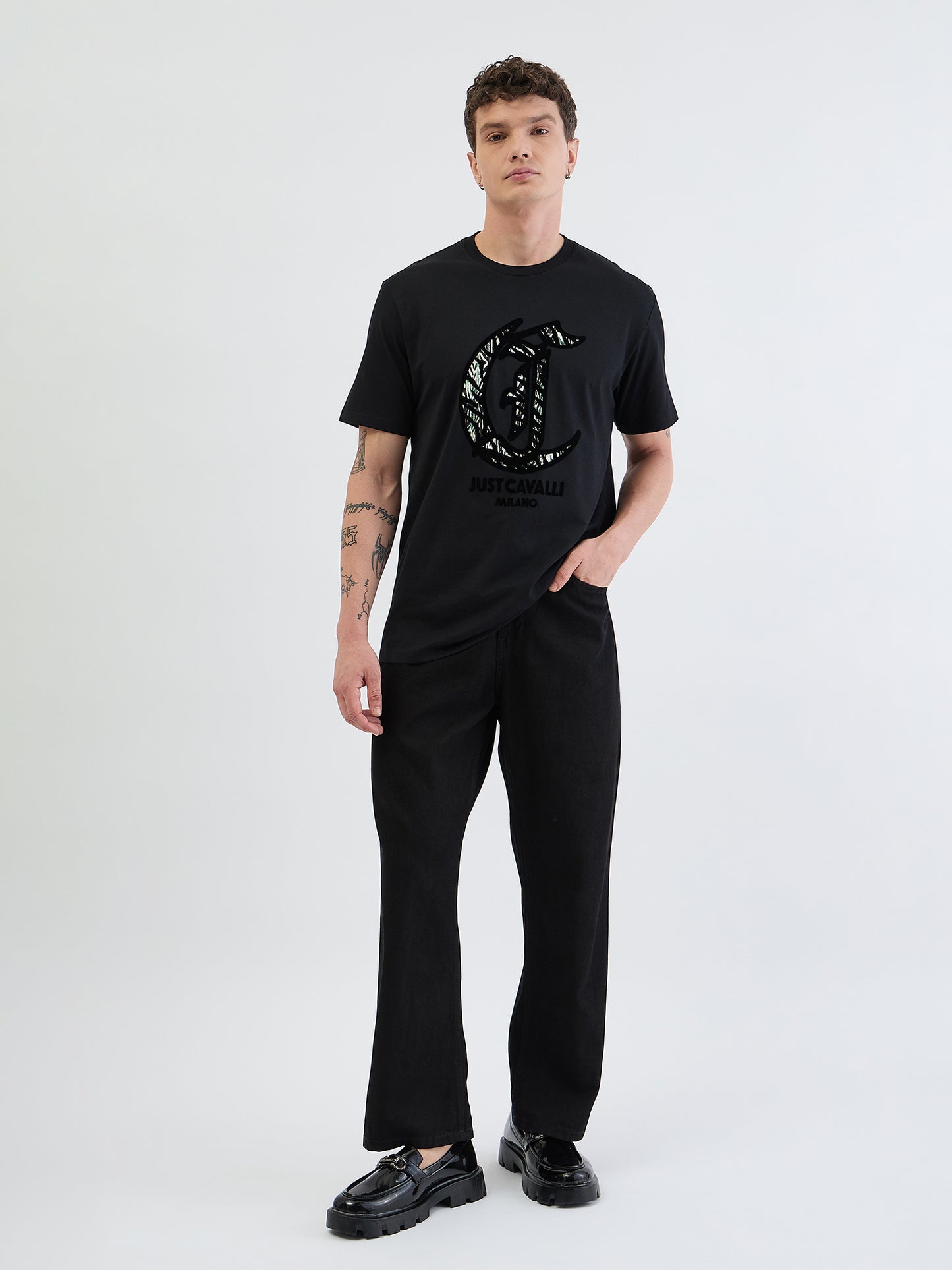 Just Cavalli Men Black Placement Print Round Neck Tshirt