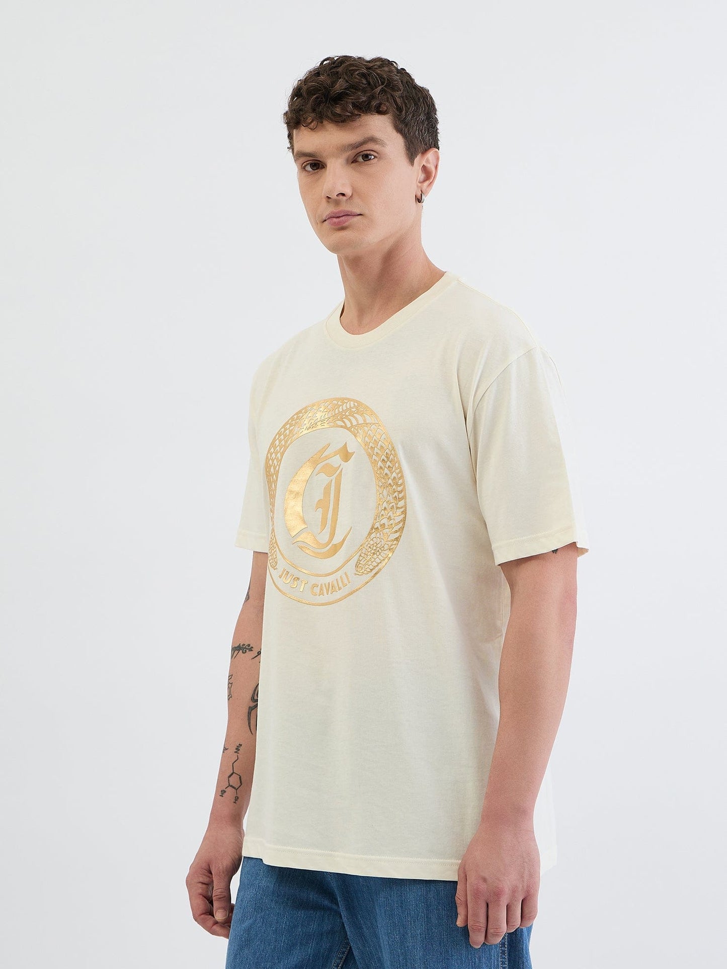 Just Cavalli Men Cream Placement Print Round Neck Tshirt