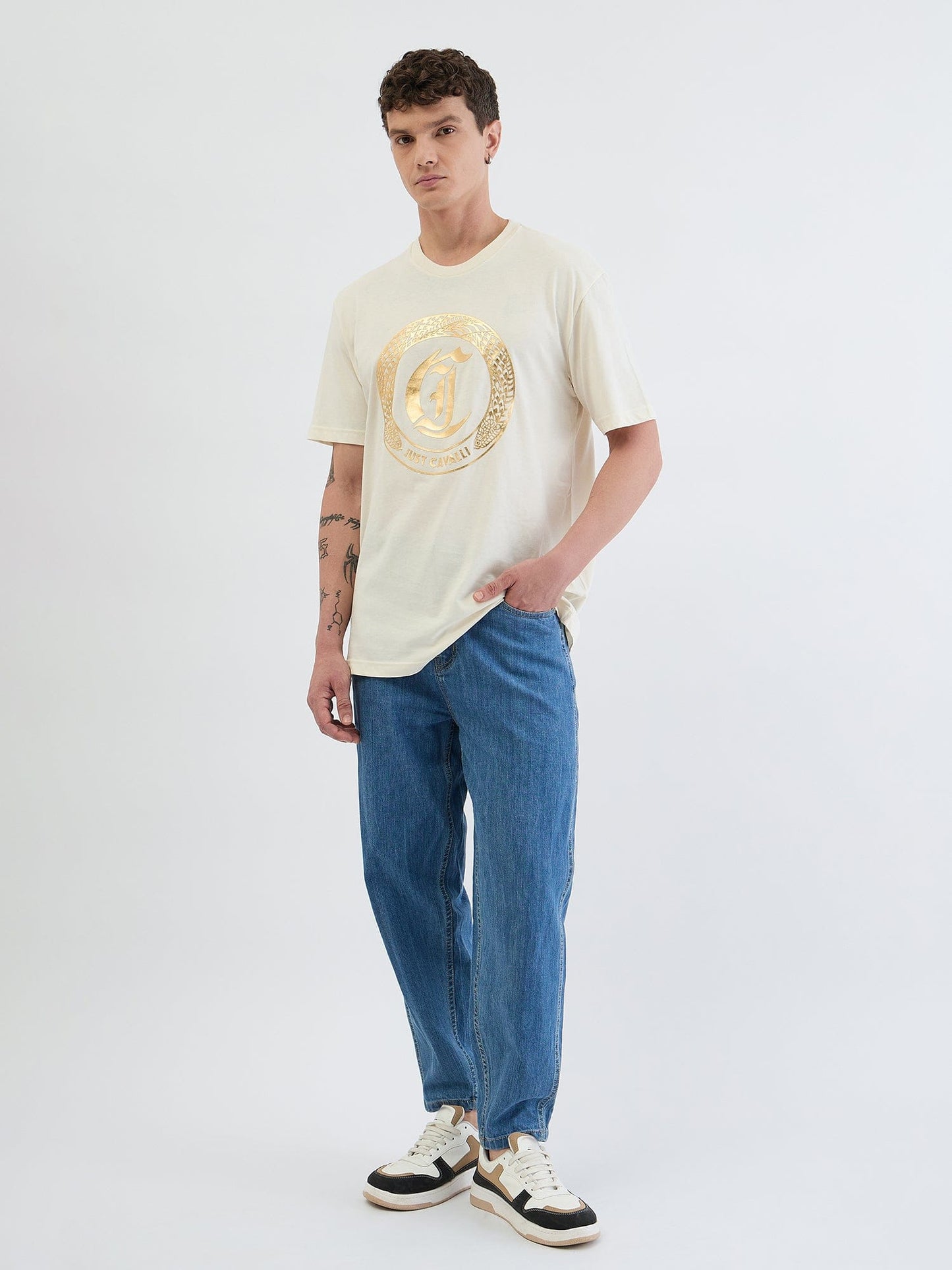 Just Cavalli Men Cream Placement Print Round Neck Tshirt