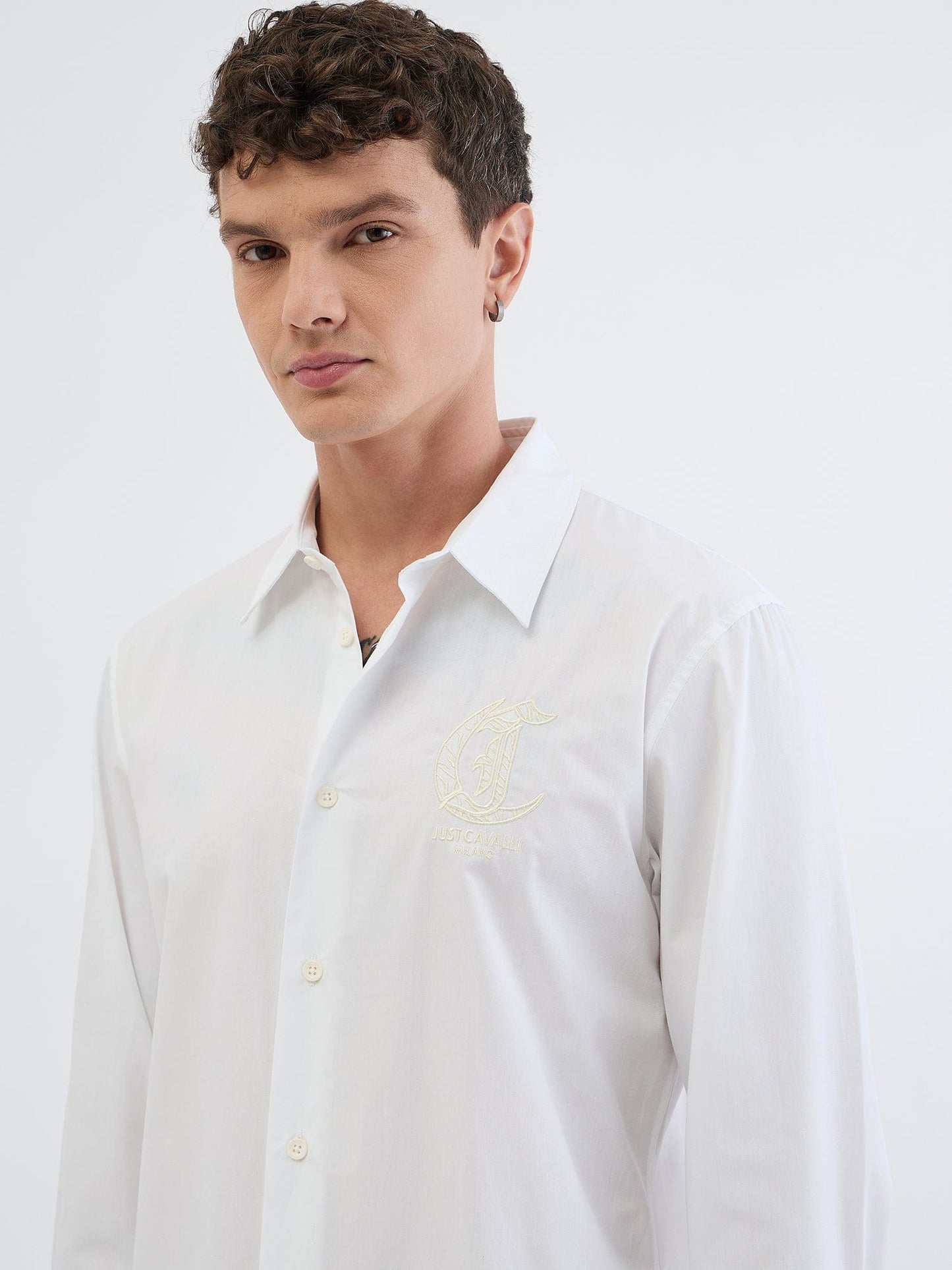 Just Cavalli Men White Solid Collar Shirt