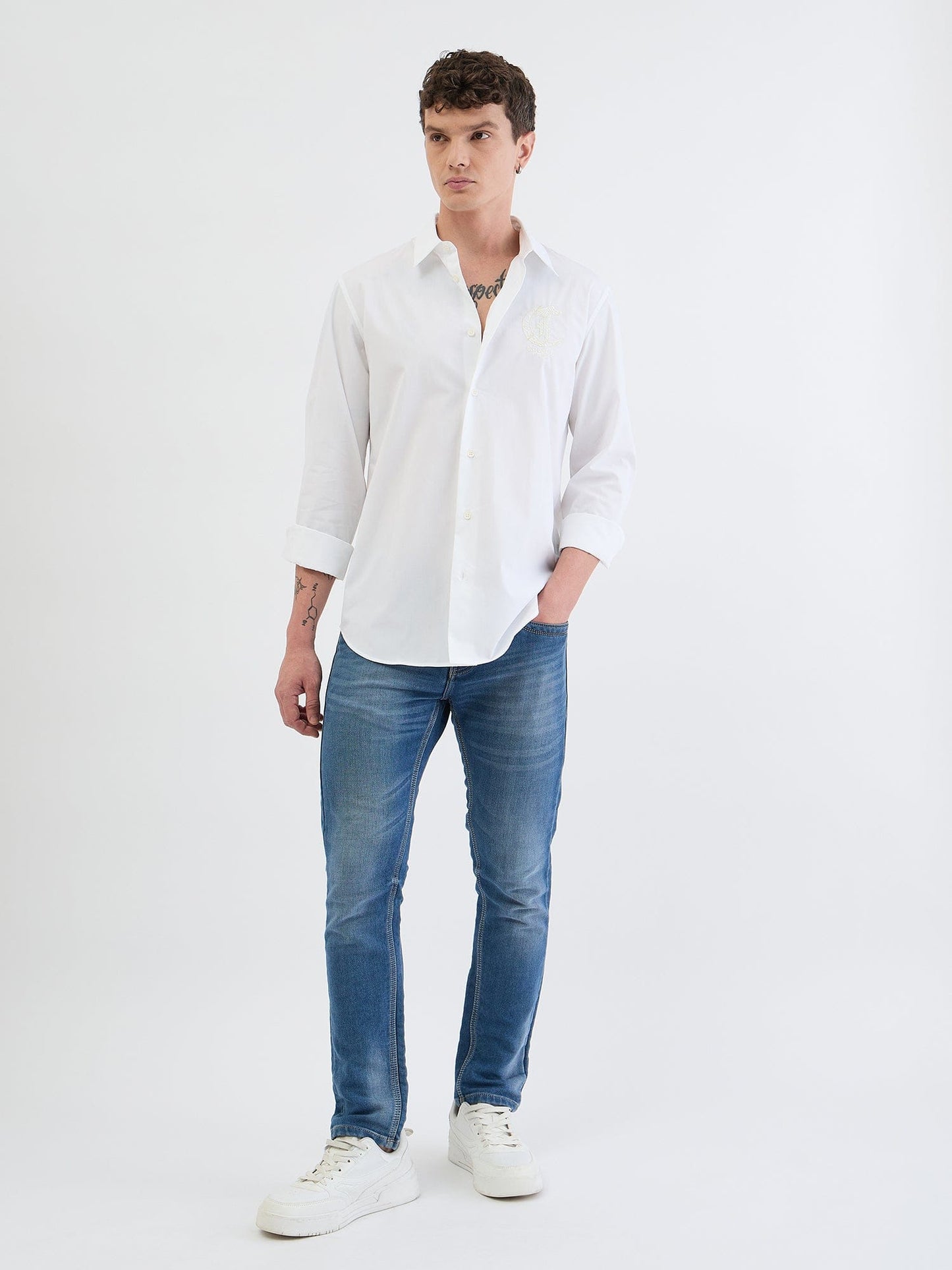 Just Cavalli Men White Solid Collar Shirt