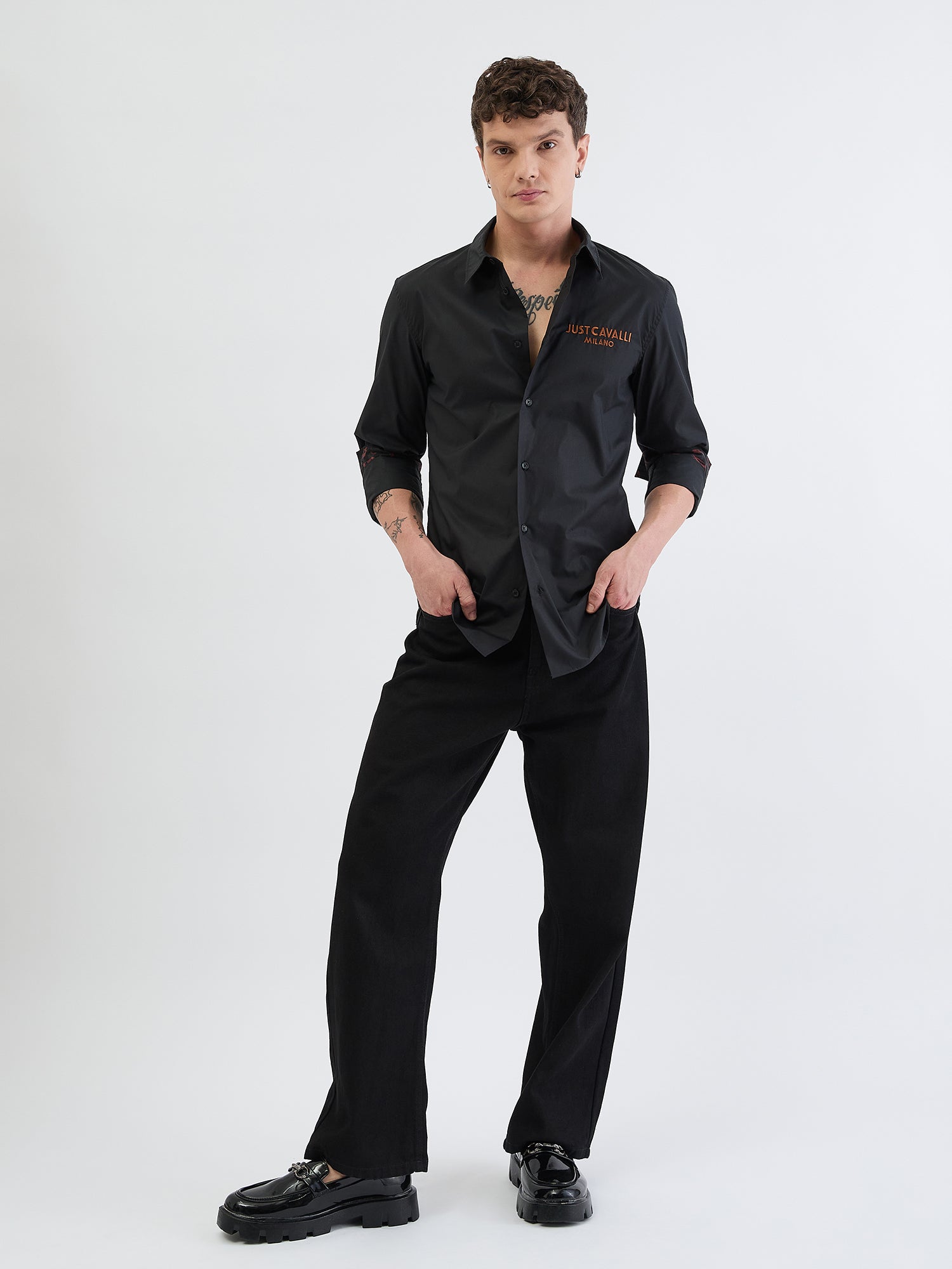 Just Cavalli Men Black Solid Collar Shirt