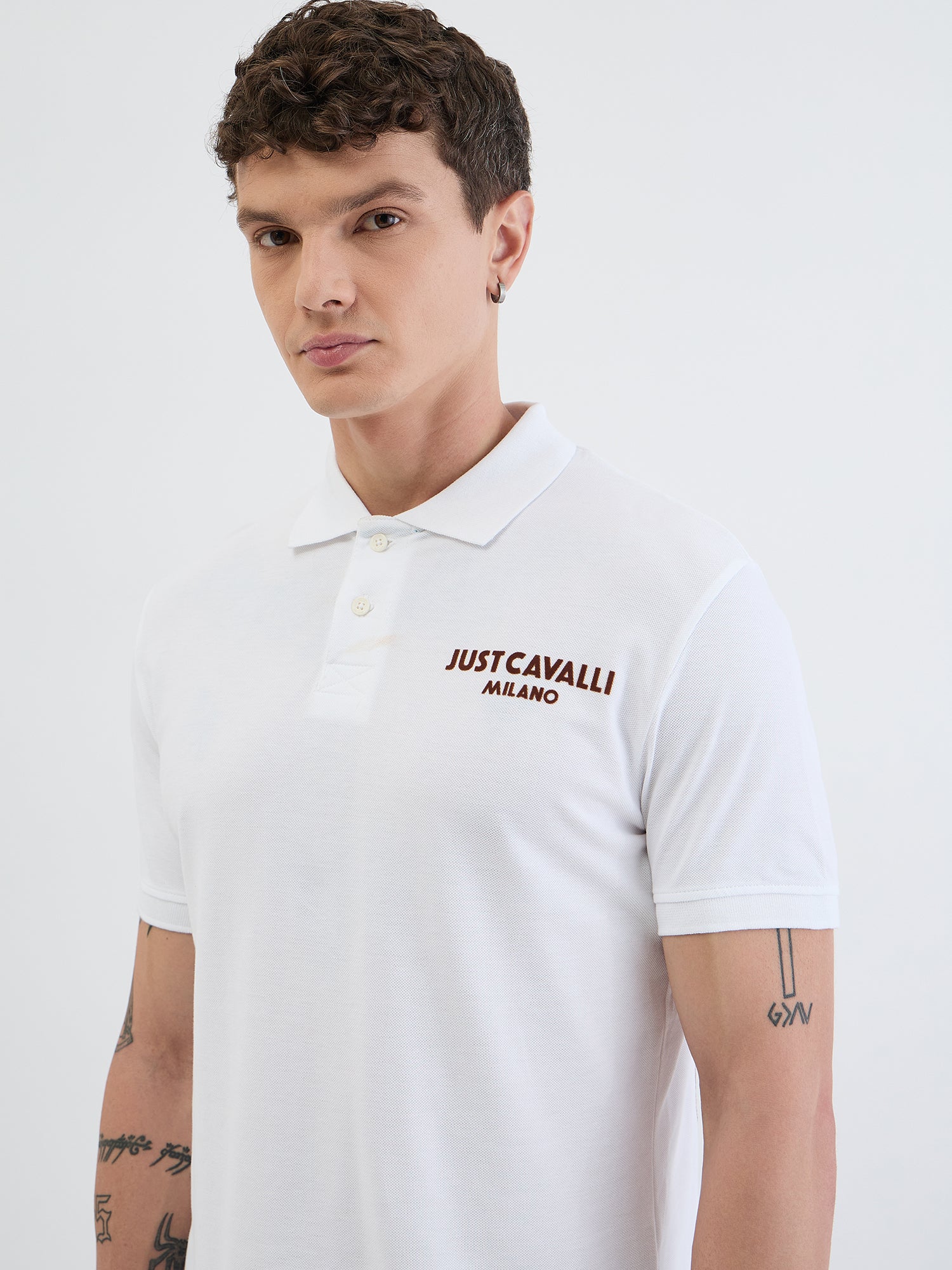 Just Cavalli Men White Solid Polo Tshirt