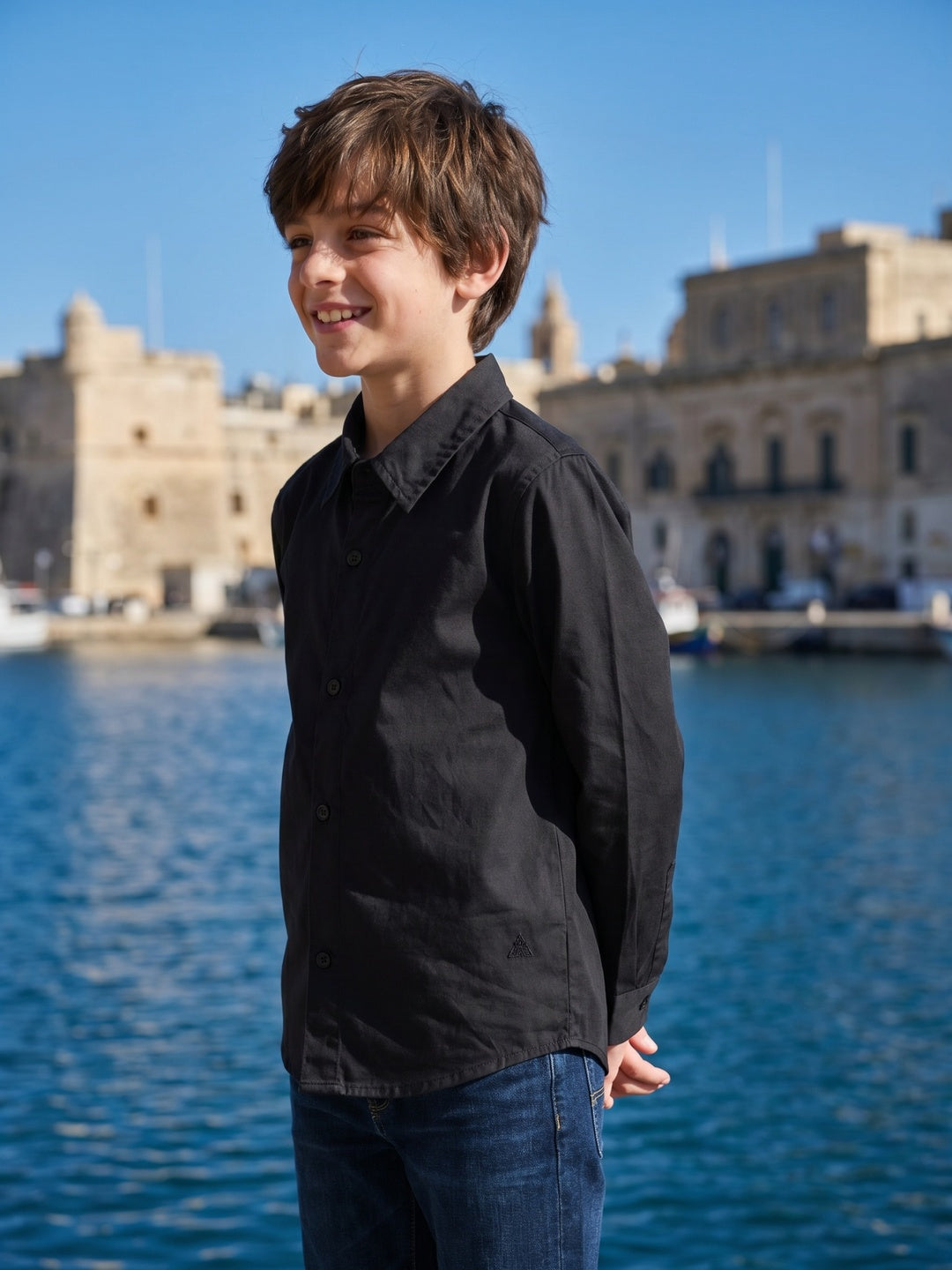 Blue Giraffe Boys Black Solid Shirt Collar Shirt