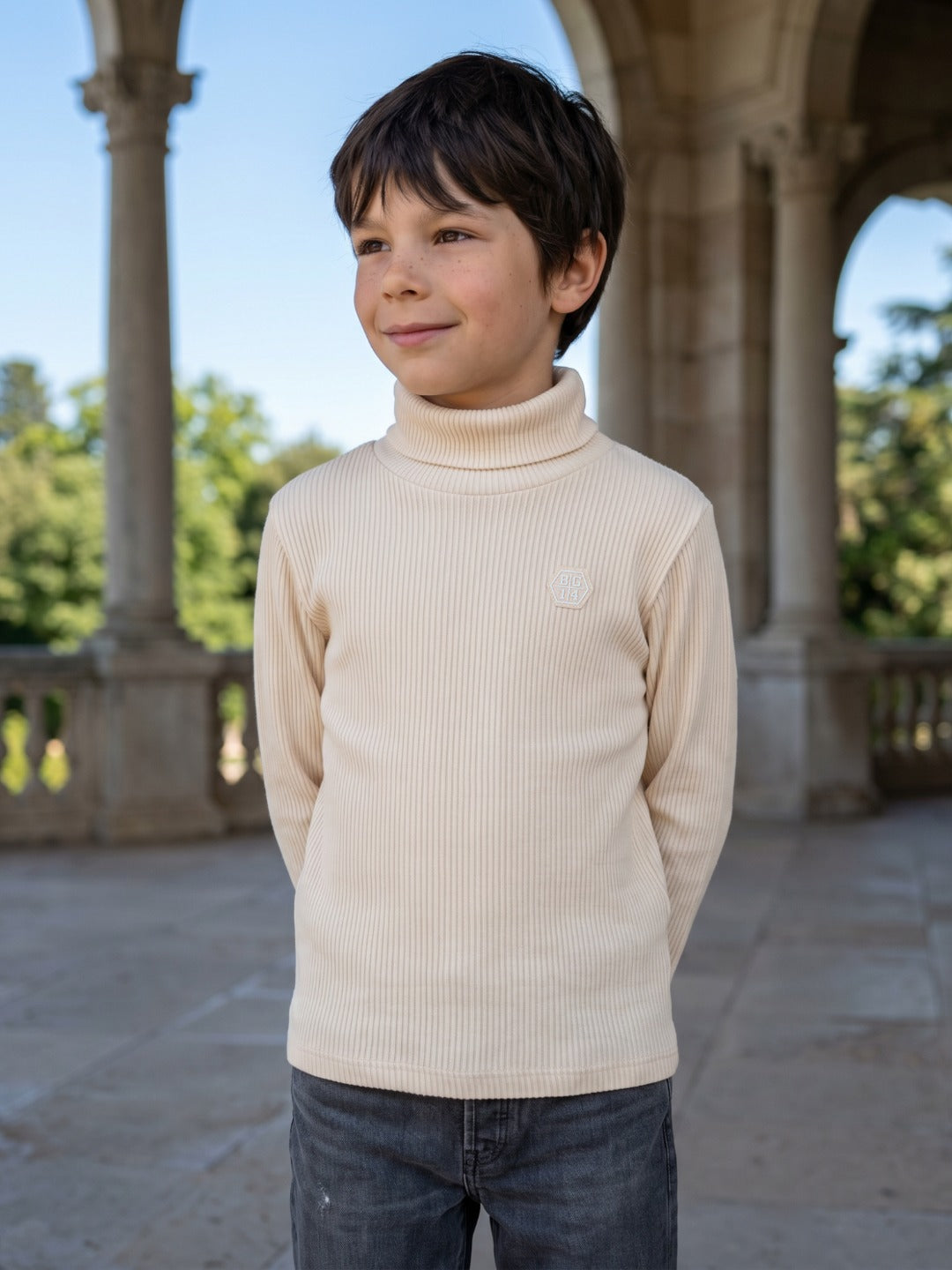 BLUE GIRAFFE Boys Beige Textured High Neck T-Shirt