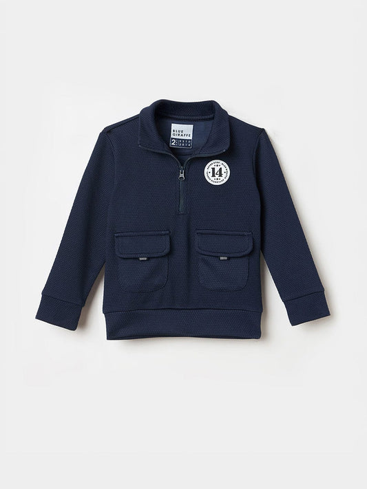 BLUE GIRAFFE Boys Navy Blue Badges And Embroidery Solid Sweatshirt