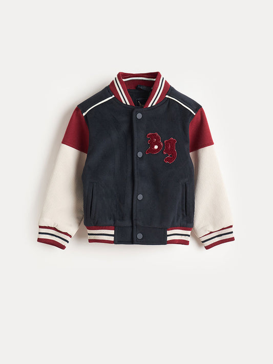 Blue Giraffe Boys Navy Blue Solid Crew Neck Jacket