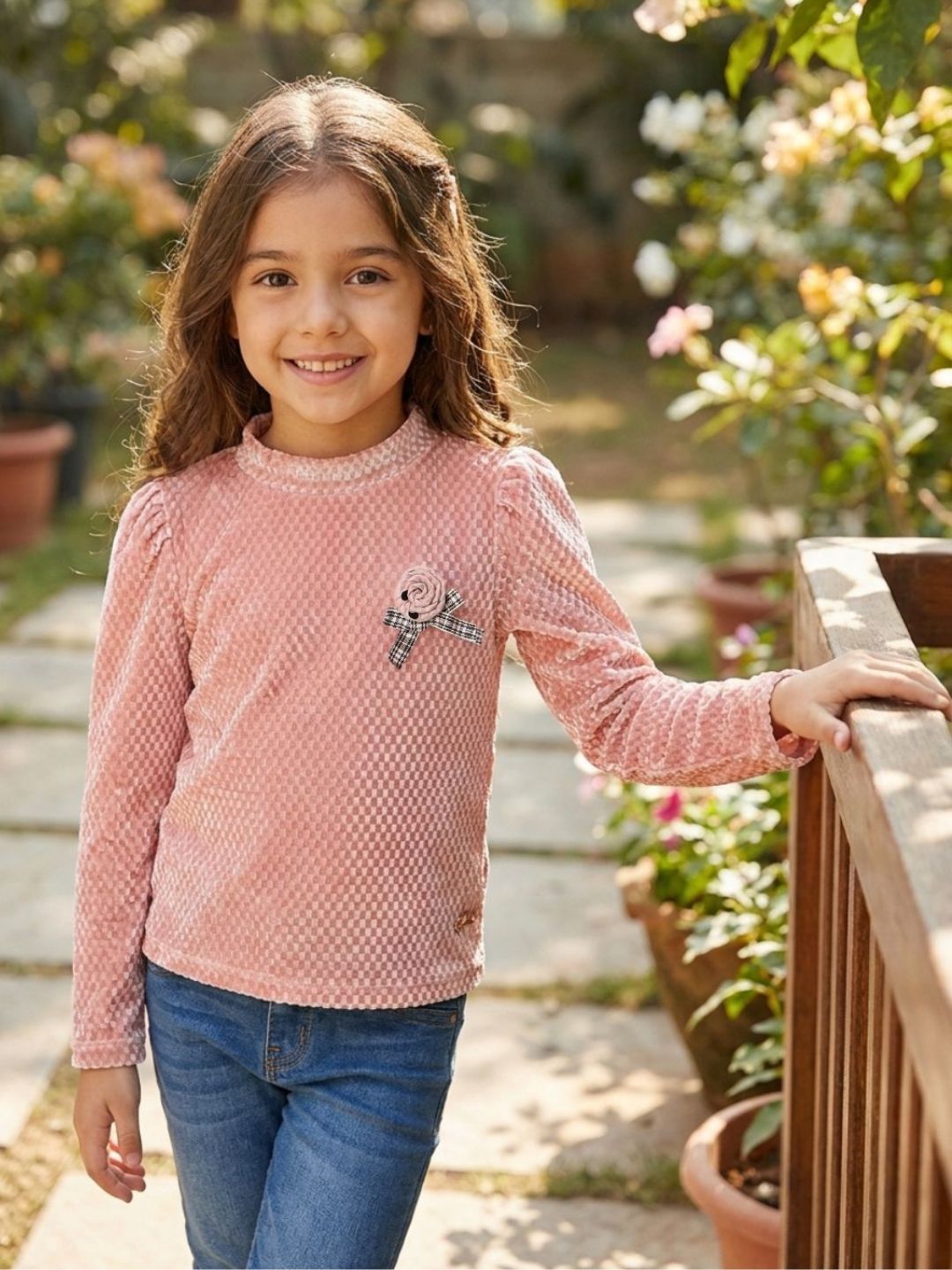 Blue Giraffe Girls Pink Solid Raised Neck Tshirt