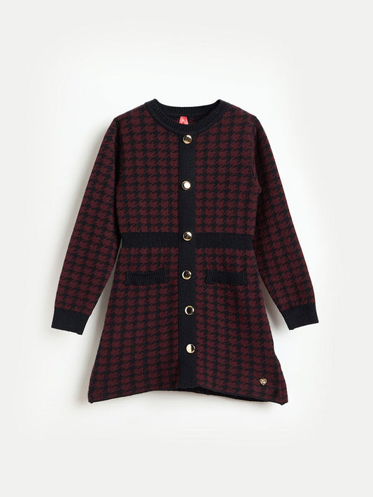 Blue Giraffe Girls Maroon Textured Round Neck Dress