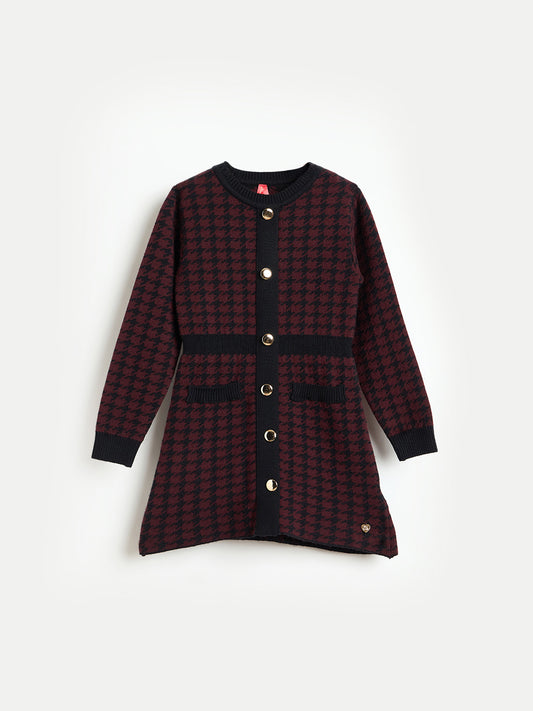 Blue Giraffe Girls Maroon Textured Round Neck Dress