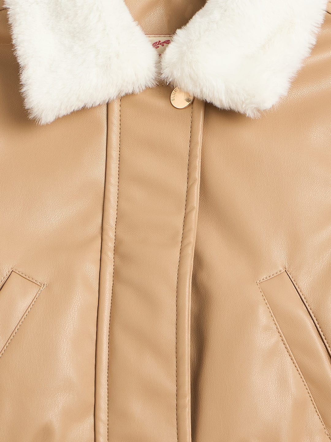 Blue Giraffe Girls Beige Solid Collared Jacket