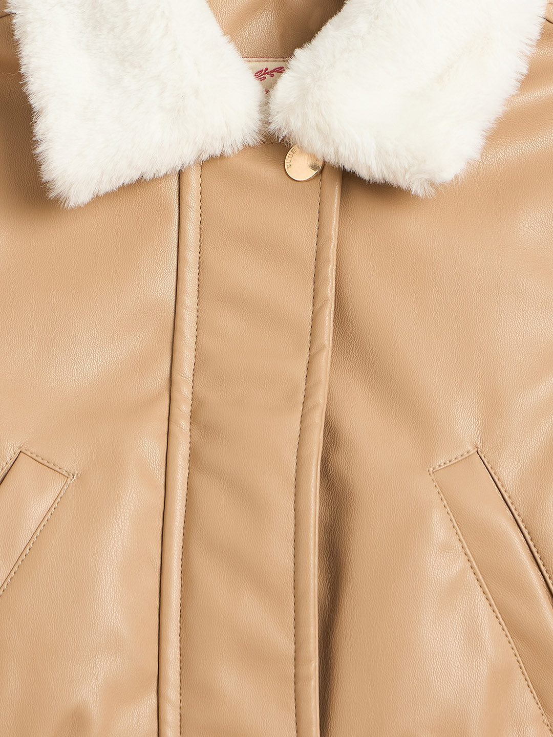 Blue Giraffe Girls Beige Solid Collared Jacket