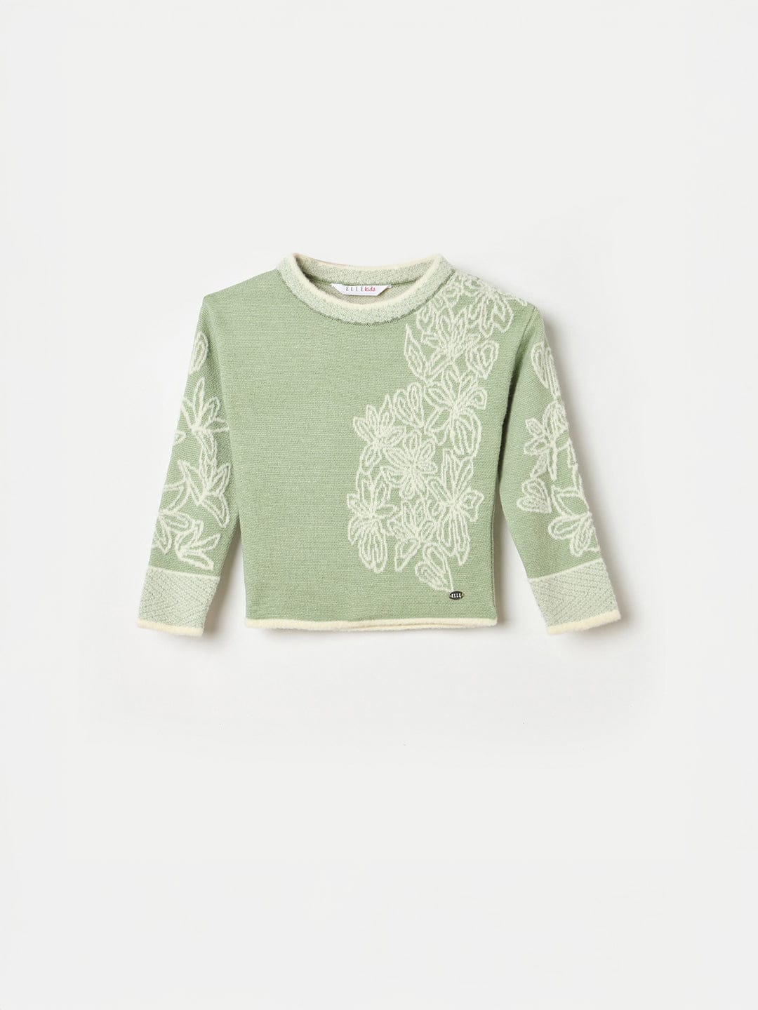 ELLE Girls Green Acrylic Embroidered Round Neck Sweater