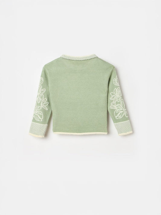 ELLE Girls Green Acrylic Embroidered Round Neck Sweater