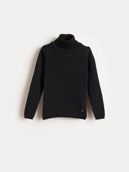 ELLE Girls Black Cotton Solid High Neck Sweater