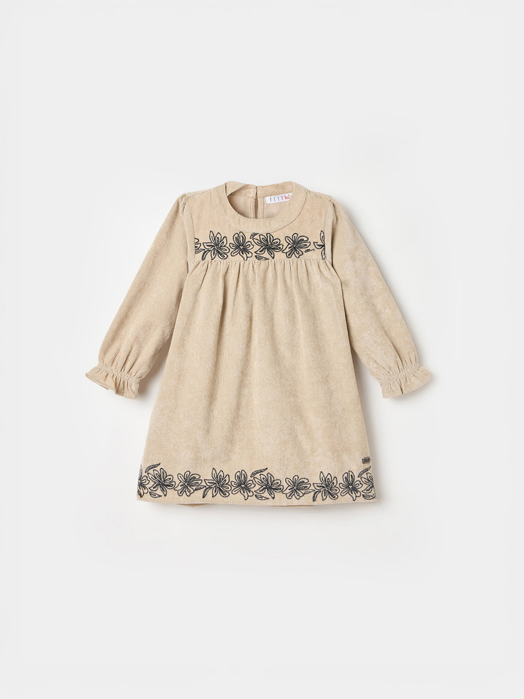 ELLE Girls Beige Embroidered Round Neck Dress