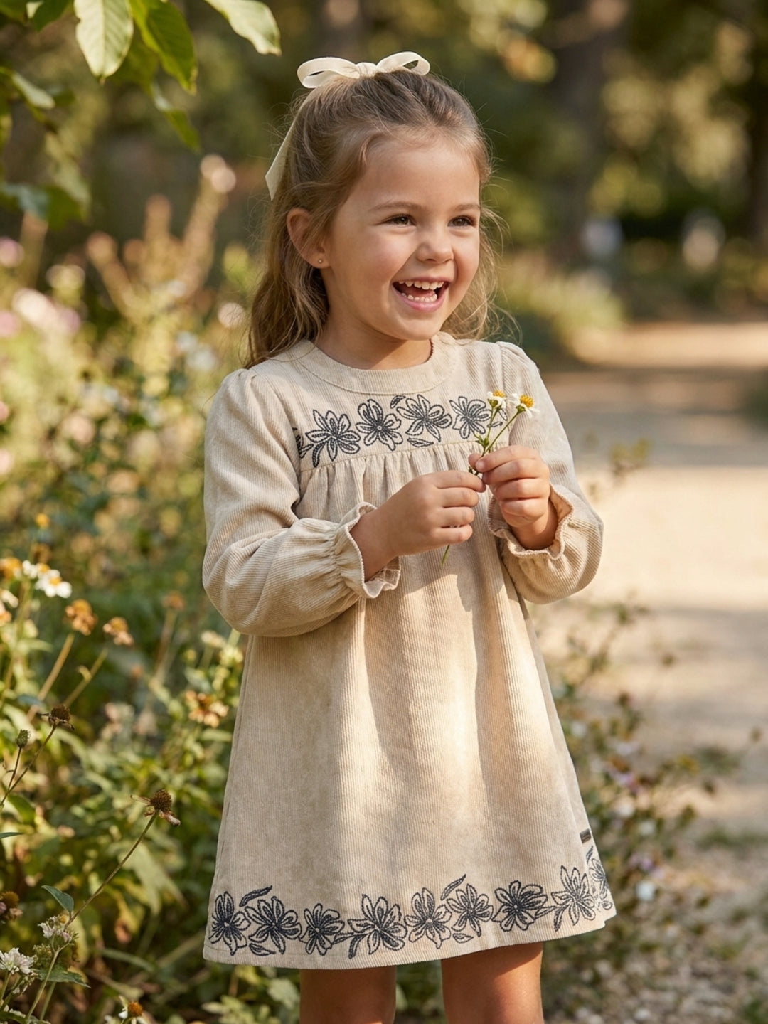 ELLE Girls Beige Embroidered Round Neck Dress