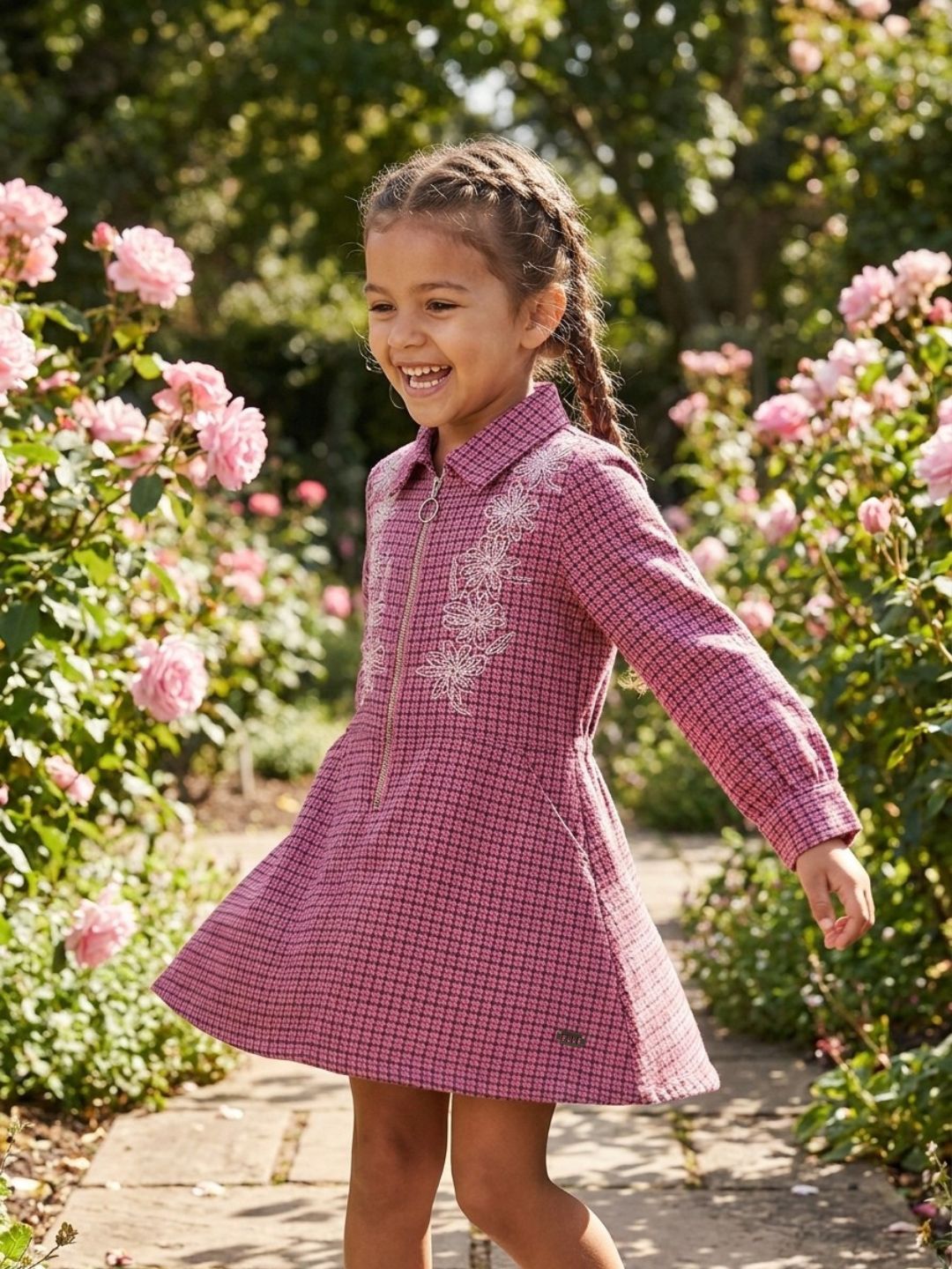 ELLE Girls Pink Embroidered Shirt Collar Dress