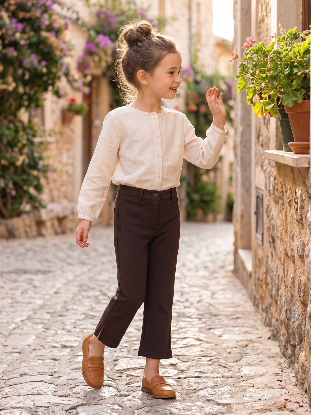 Elle Girls Brown Solid Fit & Flare Trouser