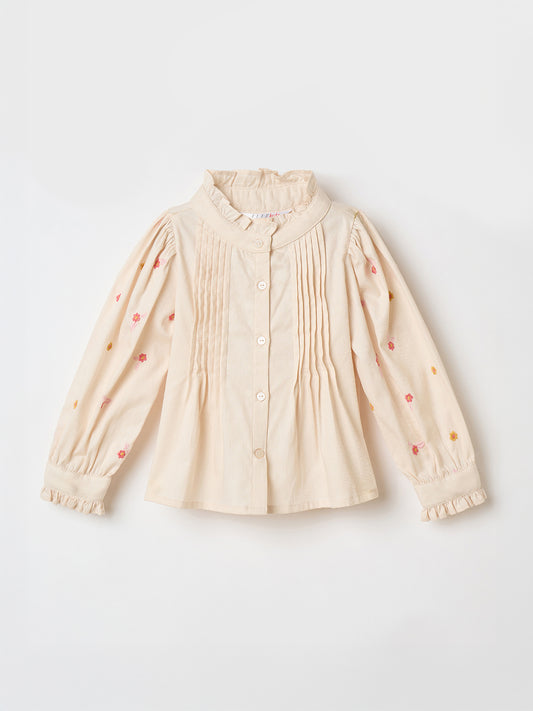 Elle Kids Cream Embroidered Band Collar Top