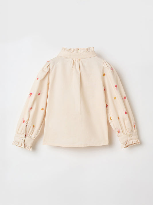 Elle Kids Cream Embroidered Band Collar Top