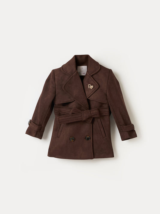 Elle Kids Brown Solid Notched Lapel Overcoat