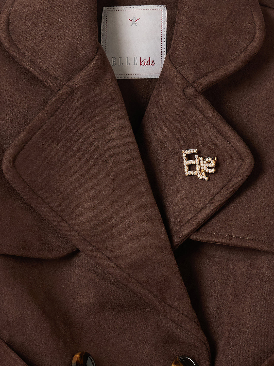 Elle Kids Brown Solid Notched Lapel Overcoat