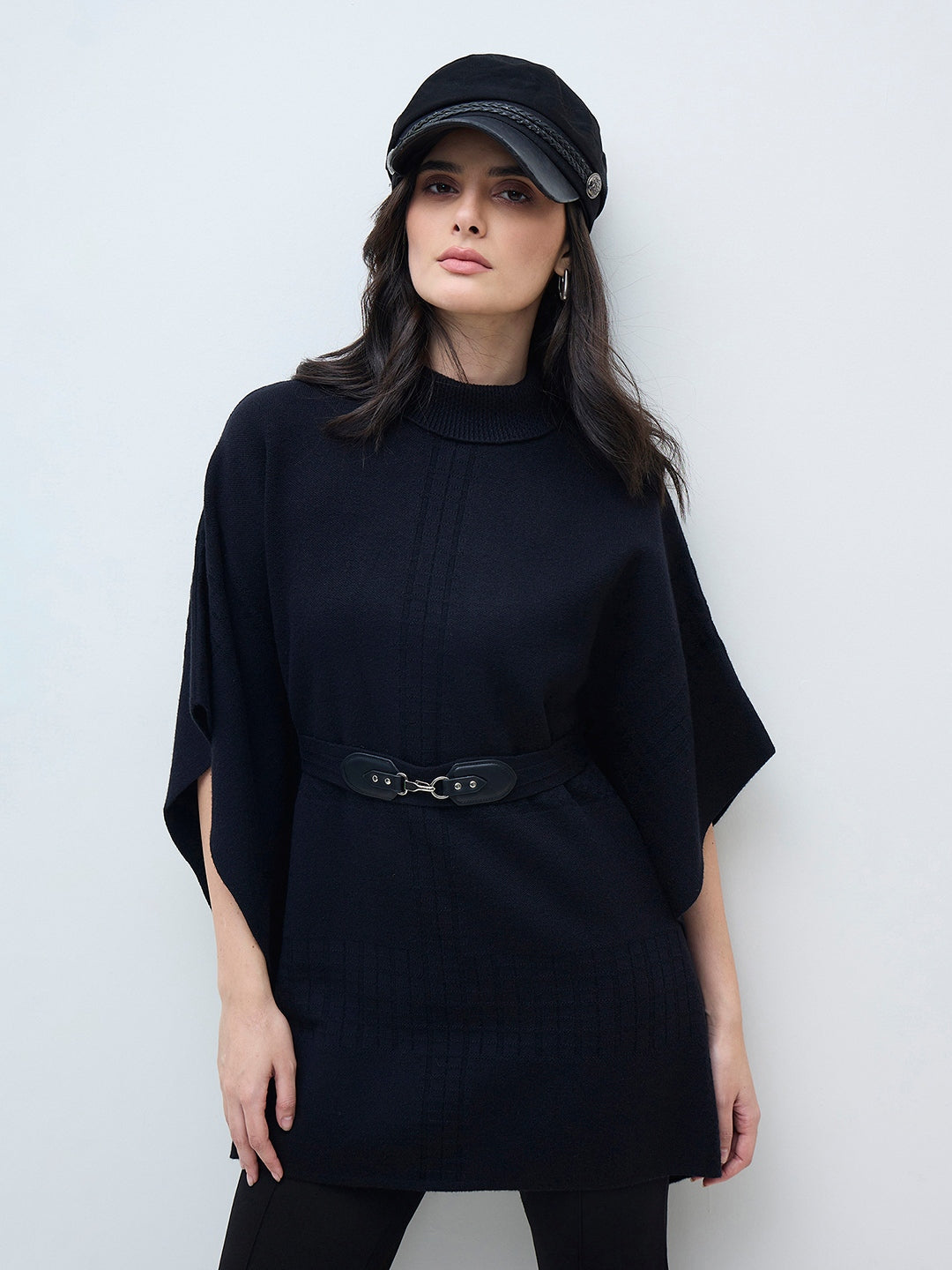 ELLE Women Black Blended Solid High Neck Flat Knitted Sweater