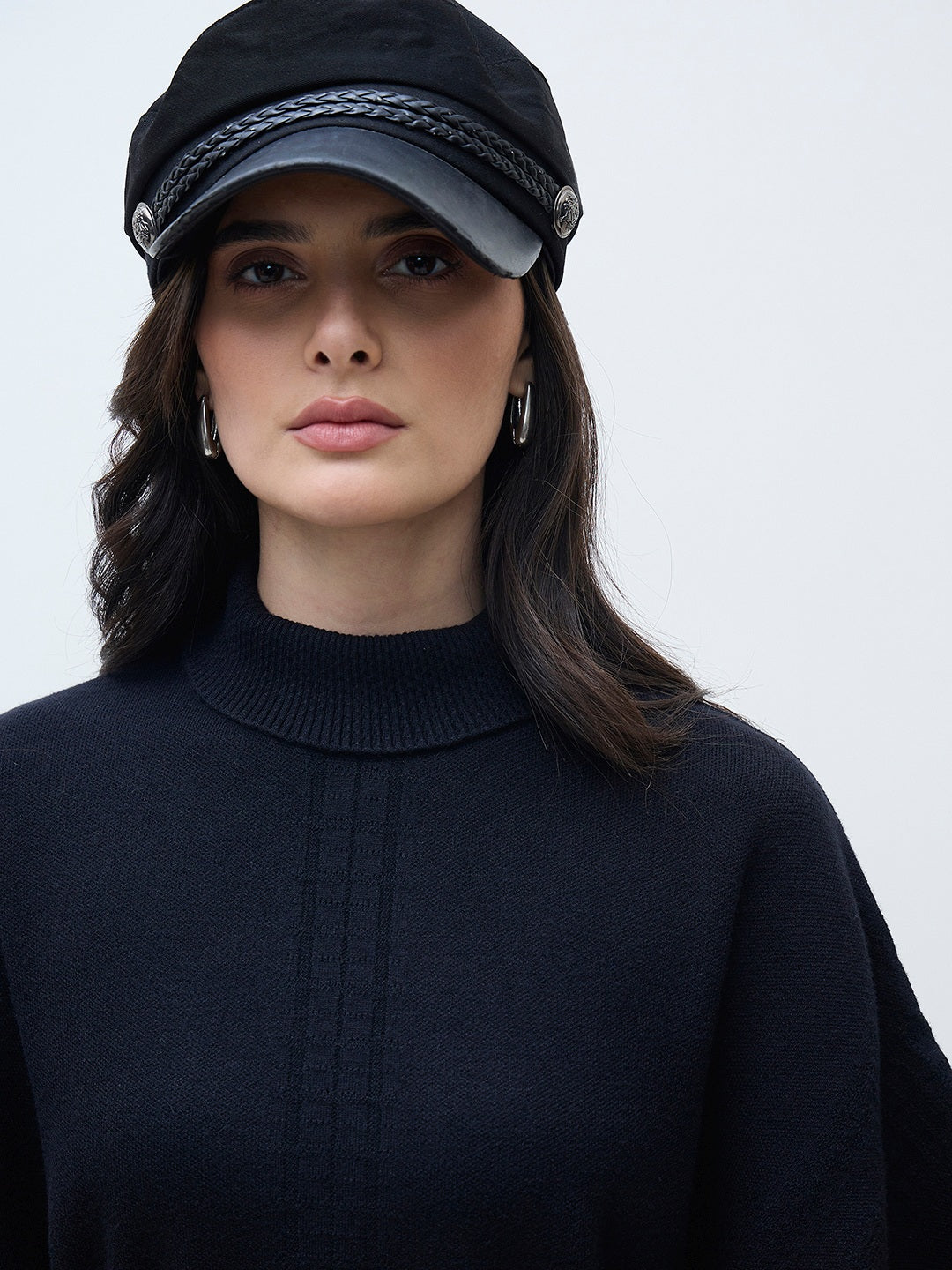 ELLE Women Black Blended Solid High Neck Flat Knitted Sweater